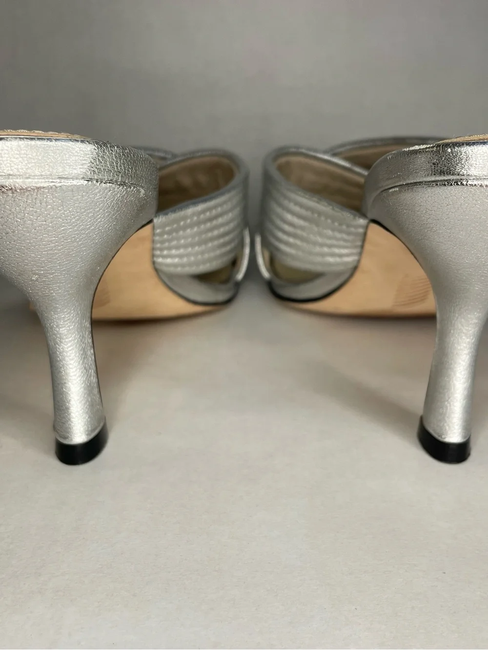 PAIGE Anthropology Leigh Metallic Silver Crisscross Open-Toed Heels